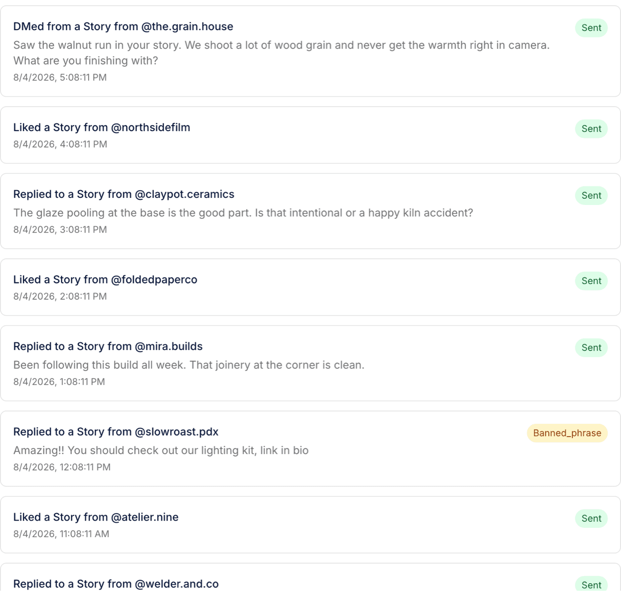 The engagement feed showing sent Story replies, and one reply blocked by the banned-phrase gate