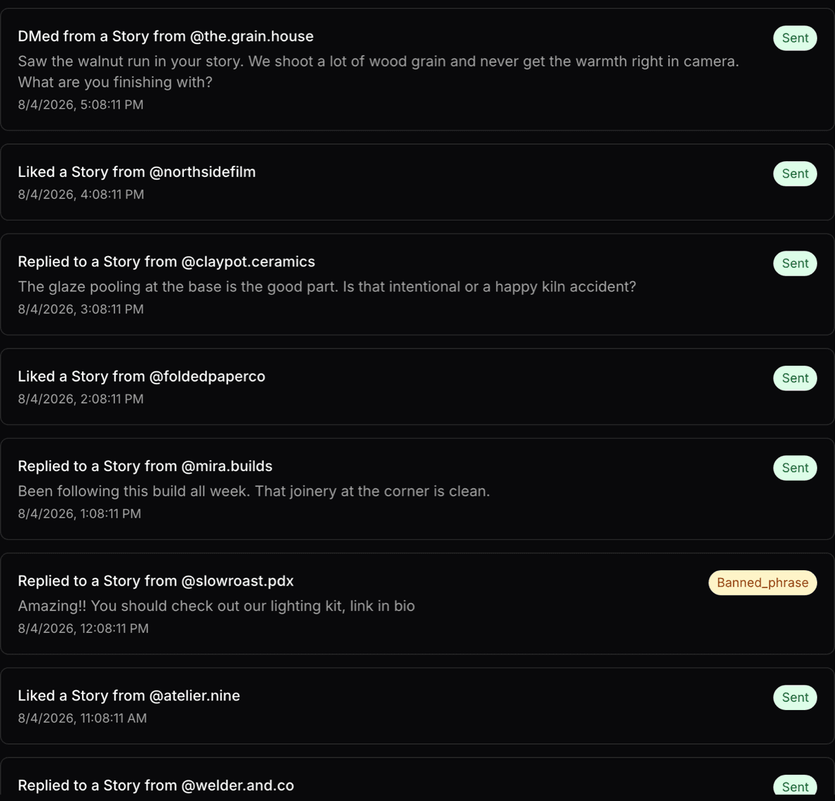 The engagement feed showing sent Story replies, and one reply blocked by the banned-phrase gate