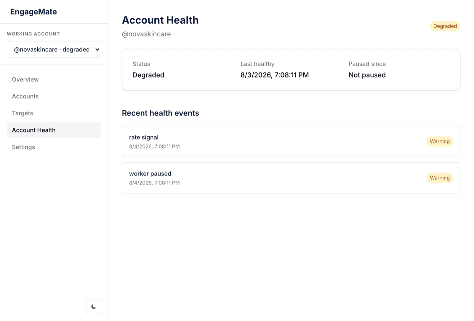 Account health showing a degraded account with rate-signal and worker-paused warnings