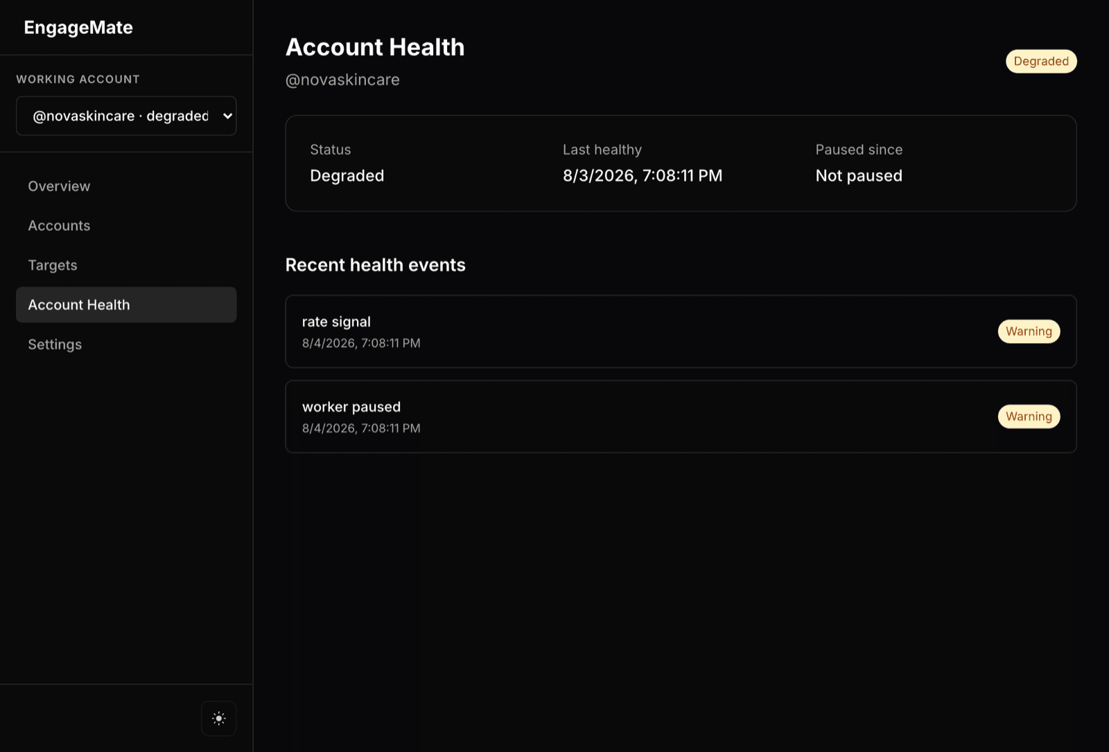 Account health showing a degraded account with rate-signal and worker-paused warnings